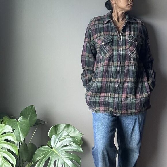 Vintage Express Shacket Womens Size M Purple Plaid Zip 90s Cotton Waffle Knit - Picture 2 of 14